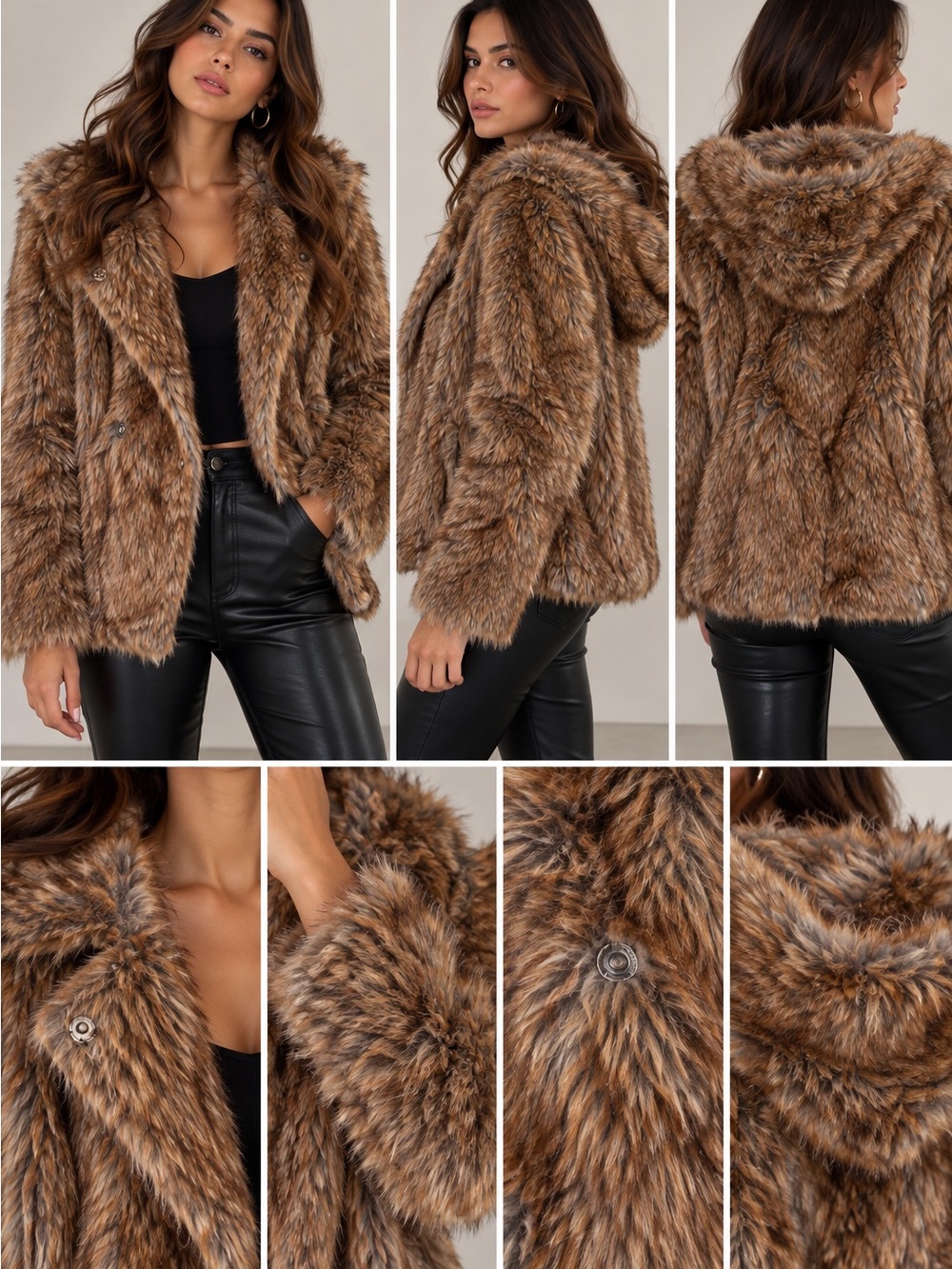 Faux Fur Hooded Jacket - Brown